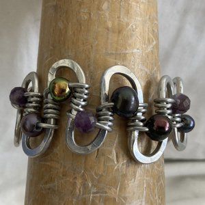 Hammered Aluminum Cuff Bracelet with Peacock Pearls & Amethyst Beads by Meigsart